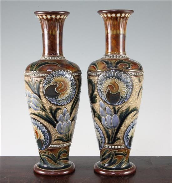 A pair of Doulton Lambeth stoneware baluster vases, by Eliza Simmance, c.1900, 32cm